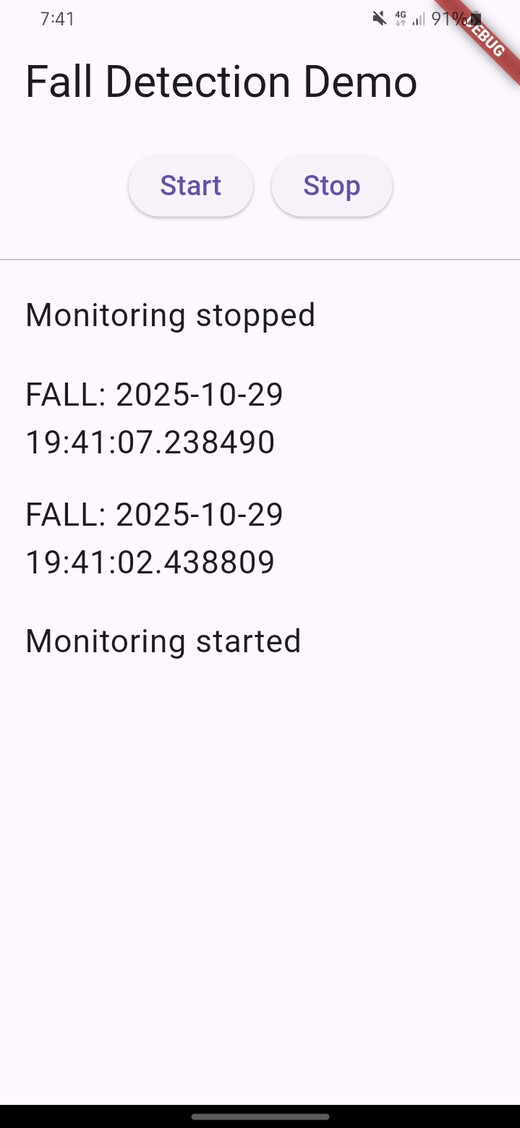 Flutter demo application showing detected fall events